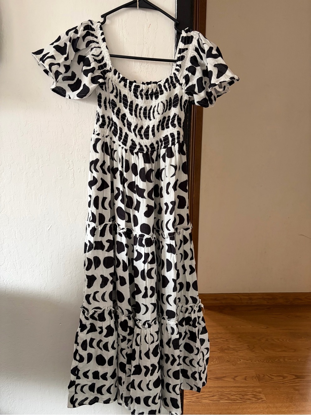 Paradise Now Hawaii Smocked Off-Shoulder Black & White Printed Maxi Dress